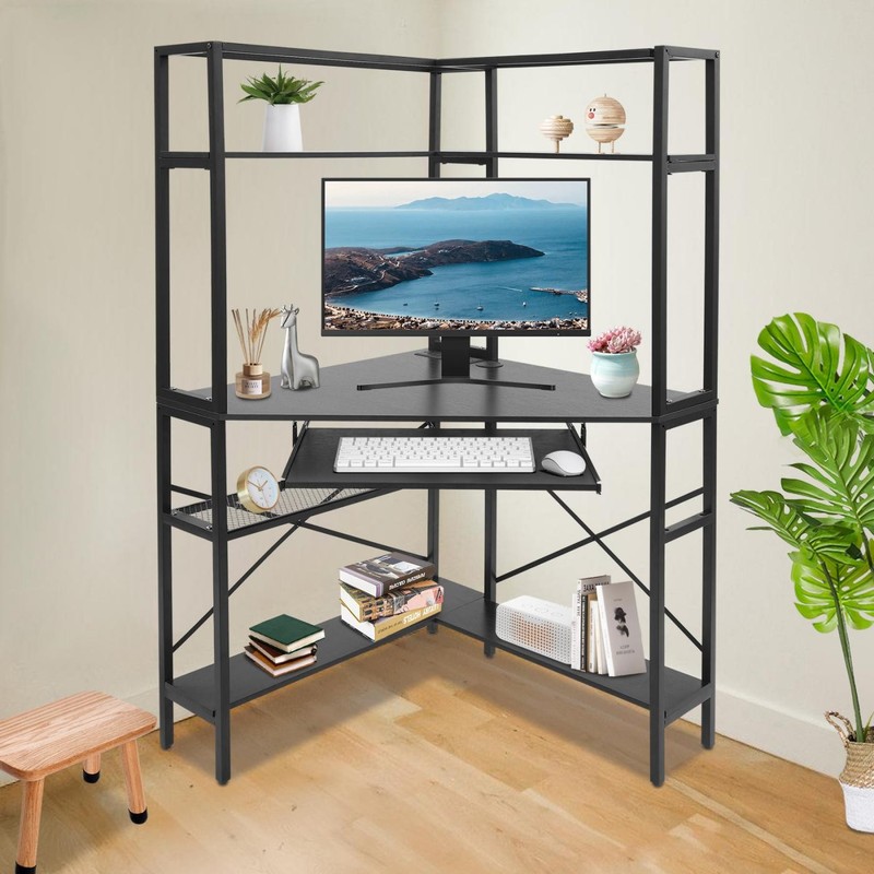 110V Laptop Table Freestanding Studying Desk Corner Computer Desk W/ Power Strip