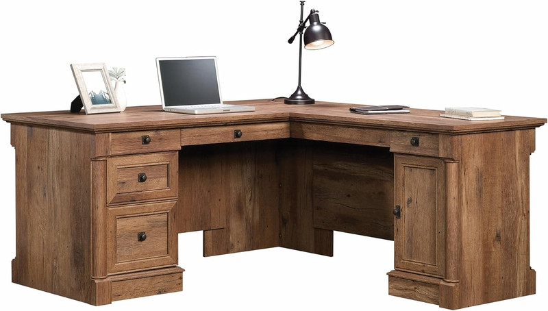Vintage Oak L-Shaped Desk with Drawers & File Cabinet Storage