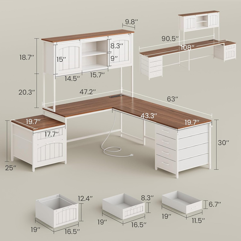Farmhouse L Shaped Office Desk with 6 Drawer, Reversible Computer Desk with Powe gallery