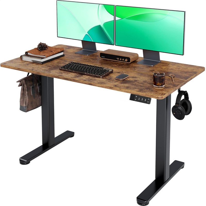 Electric Desk, 24×48 in, Sit-Stand, Black Frame/Vintage Brown Top