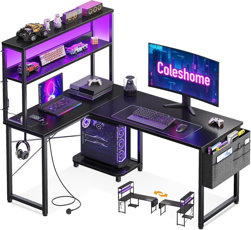 Coleshome L Shaped Gaming Desk with LED Lights & Power Outlet, 110 × 80 cm