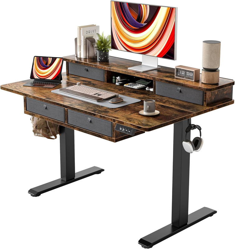 Electric Height Adjustable Standing Desk with Storage Drawers – Vintage Style