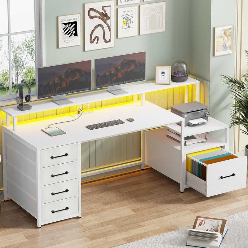 Computer Desk with 5 Drawer & Power Outlet 66» Home Office Desk with Led Lights