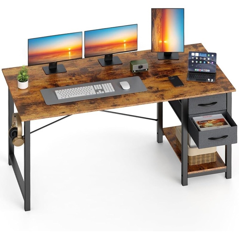 Sturdy Computer Desk MDF Steel Frame X-Frame Design Flexible Drawer Side Hooks