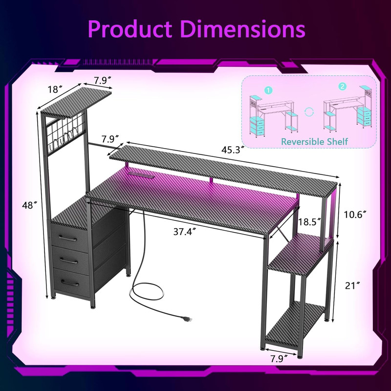 55 Inch Gaming Desk with LED Lights & Power Outlets,Computer Desk with Fabric Dr gallery