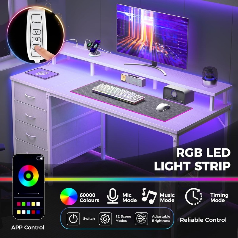 48 inch Computer Desk with Drawers & Power Outlets, Home Office Desk with LED gallery