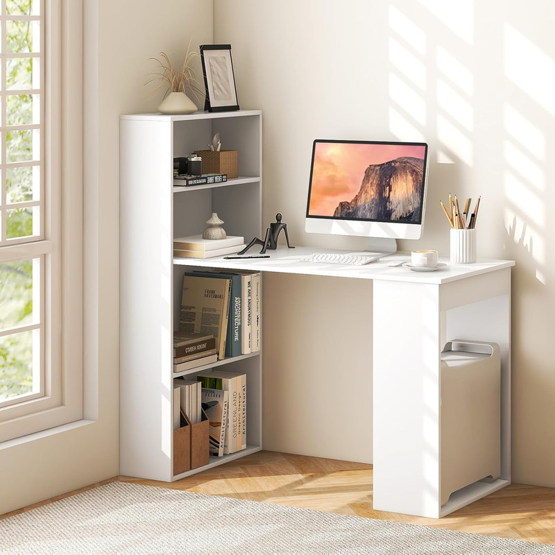 Modern White Computer Desk with Bookshelf & Storage for Home Office