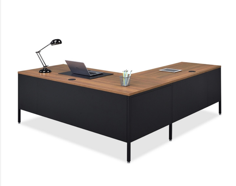 L-Shaped Executive / Gaming / Computer Desk (black steel + teak veneer top) gallery