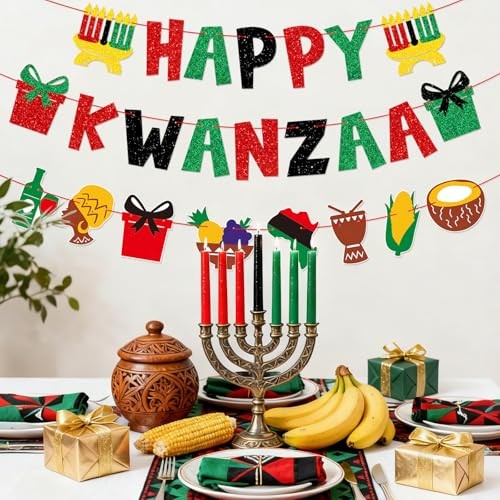 Happy Kwanzaa Decorations Banner, 3Pcs Pre-Strung Glitter Red red gren black gallery