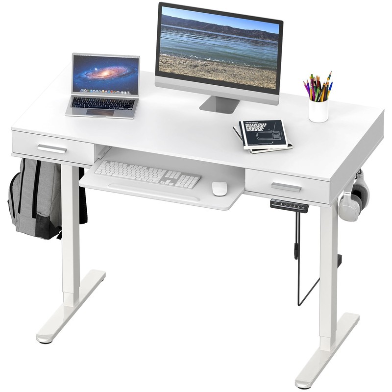 48" Electric Height Adjustable Desk with Keyboard Tray & 2 Drawers - White