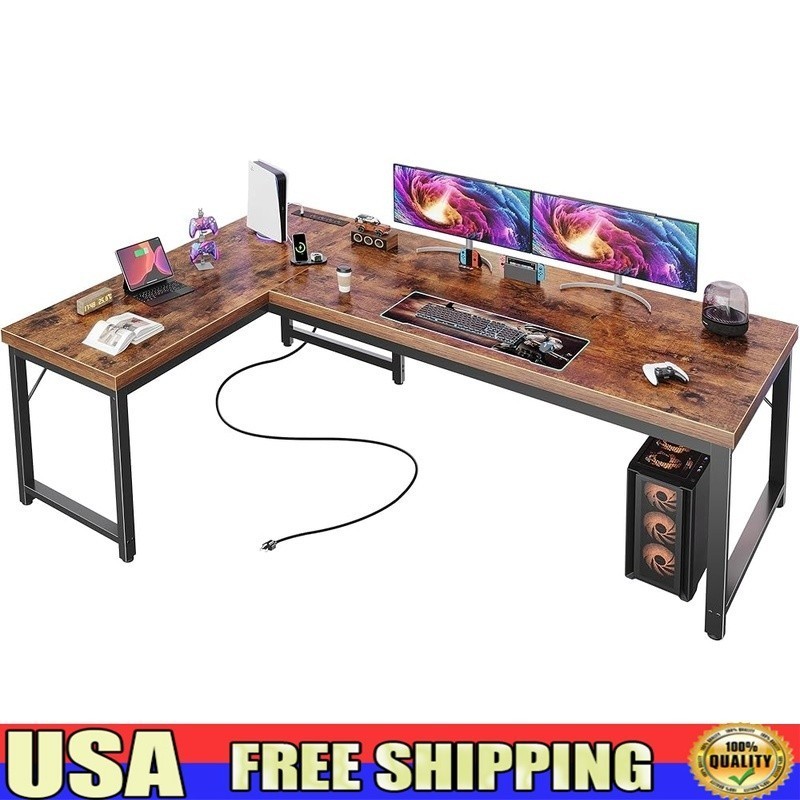 L Shaped Desk W/ Built-In Power Outlets USB Port Heavy Duty Home Office