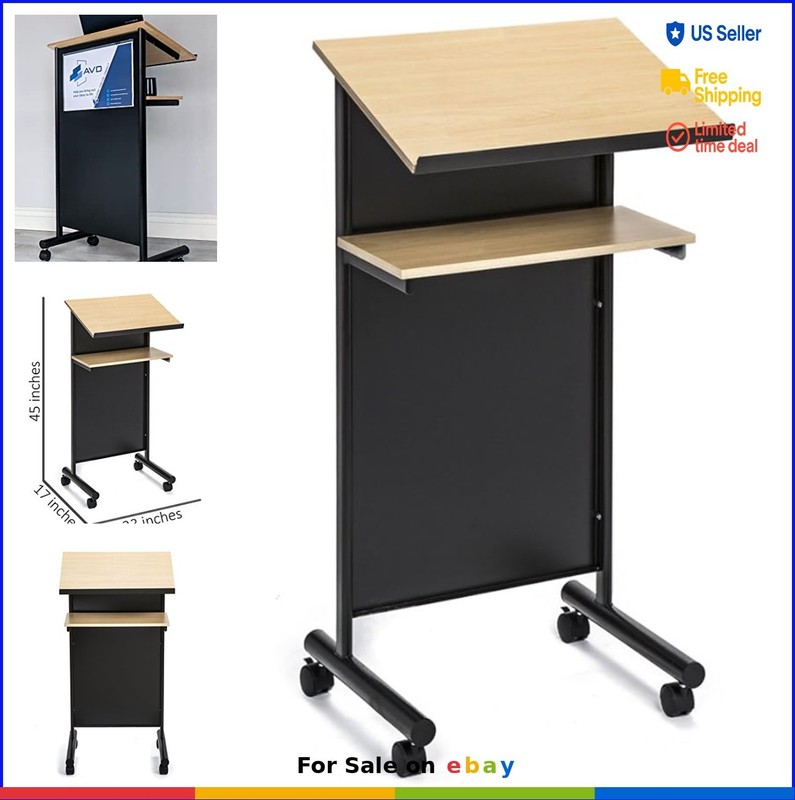 Wheeled Lectern Standing Desk with Storage Shelf Beech Black Laptop Stand