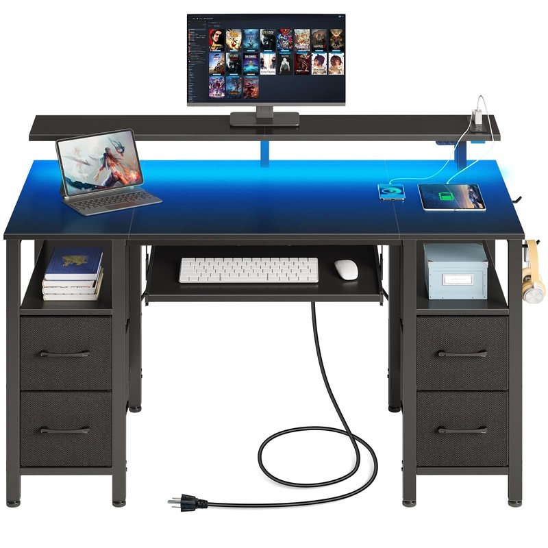 Computer Desk 47.2″ with LED Lights & Power Outlets, Home Office Desk with 4 …