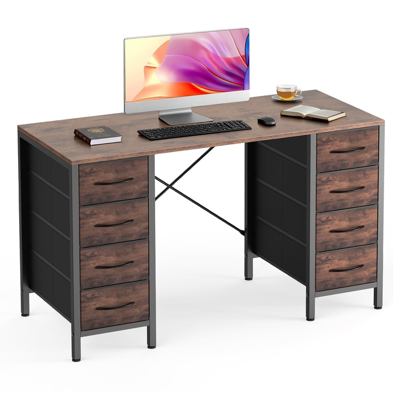 Desk with 8 Fabric Storage Drawers, Computer Office 47 Inch Gaming Writing St…