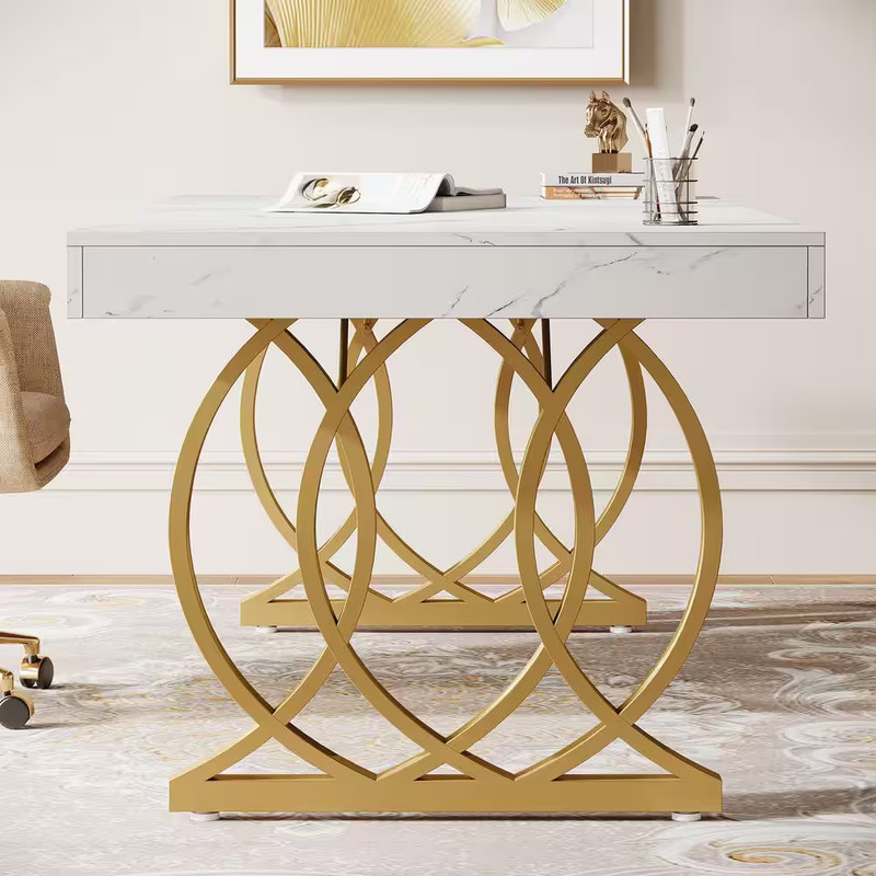63 In. Rectangular White and Gold Wood Computer Desk with Metal Base, Modern Exe gallery