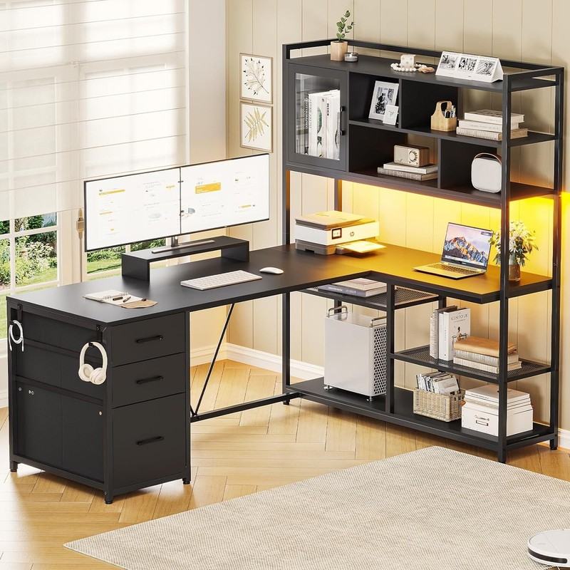 L Shaped Computer Desk, 58» Office Desk with 3 Drawers, Bookshelf and LED Light