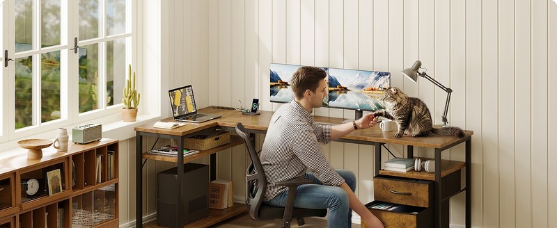 63 inch L Shaped Computer Desk with Drawers, Reversible Computer Desk with gallery