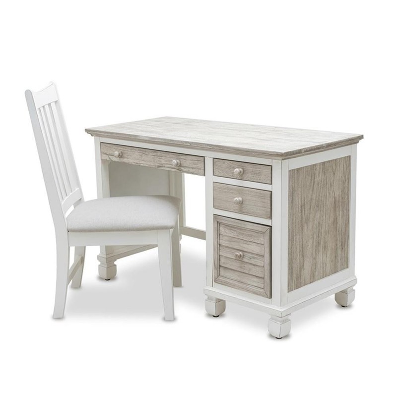 Pemberly Row Coastal Wood Desk & Chair Set in Gray/White Finish