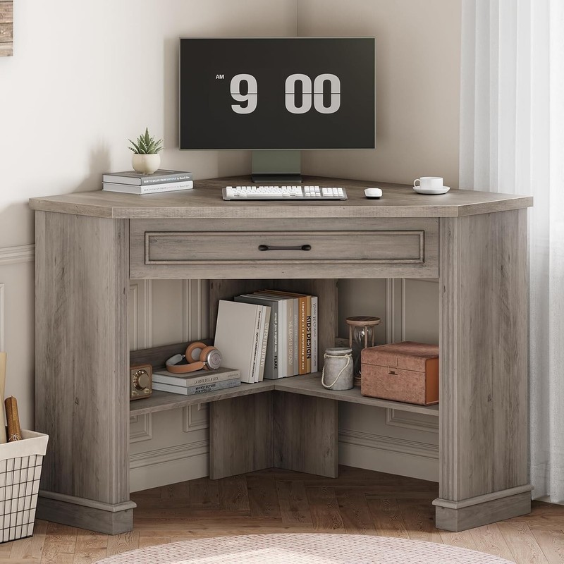 31.5″ Corner Computer Desk with Drawer & Storage Shelves for Small Space (Grey)
