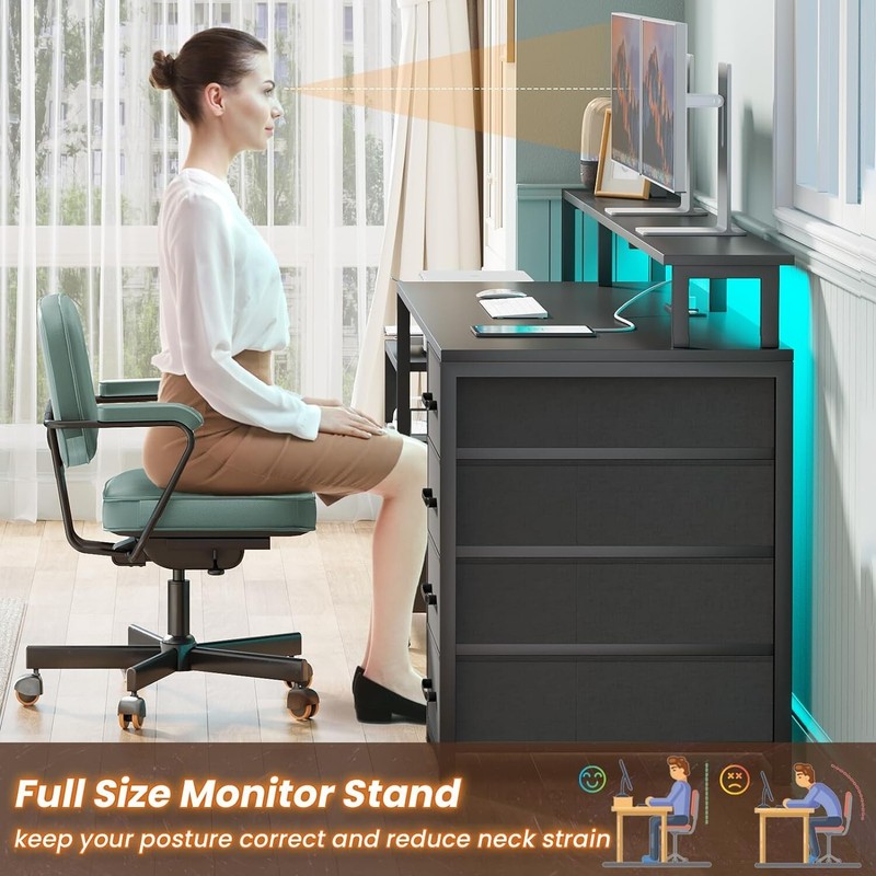 Computer Desk with Power Outlet &Led Lights, 66'' Home Office Desk w/File Drawer gallery