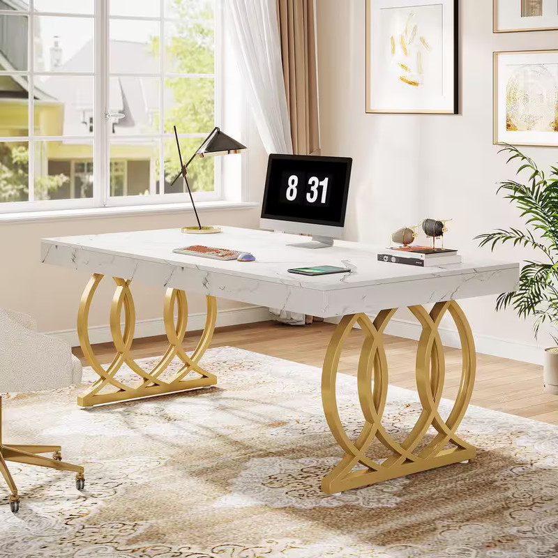 63 In. Rectangular White and Gold Wood Computer Desk with Metal Base, Modern Exe gallery
