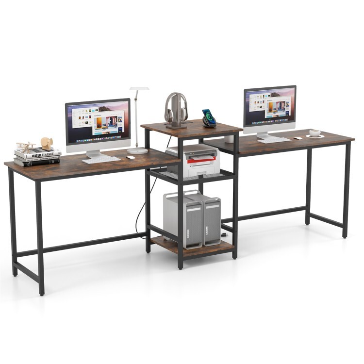 97″ Long Computer Desk 2-Person Desk Double Desk W/ Power Outlet & Printer Stand