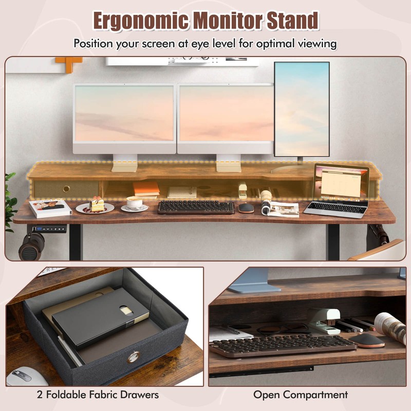 63" x 24" Electric Standing Desk with 2 Drawers Monitor Stand Storage Shelf gallery