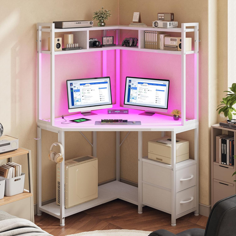 Corner Desk, 35.4″ W X 63″ H White Office Desk and Small Gaming Desk with Hutch