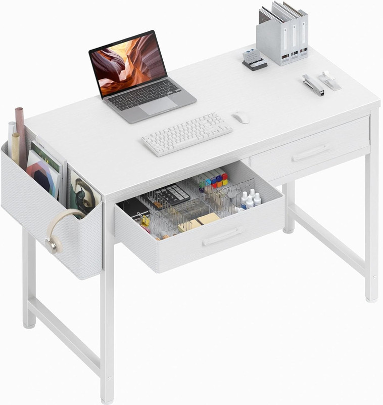 32 Inch Small White Desk with 2 Drawers, Study Writing Computer Desk with Storag