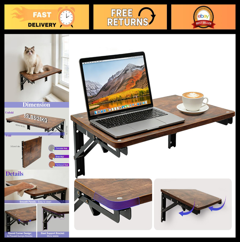 Wall-Mounted Folding Shelf for Small Spaces - Floating Desk & Media Shelf, 30lbs