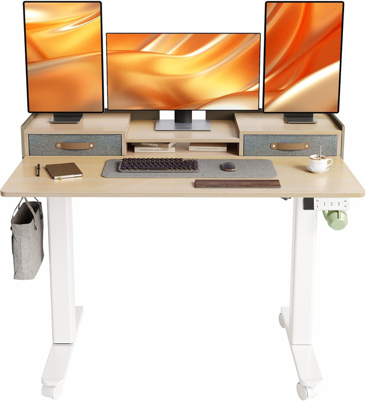 48″ Adjustable Electric Standing Desk with Drawers and Shelf – Natural Finish
