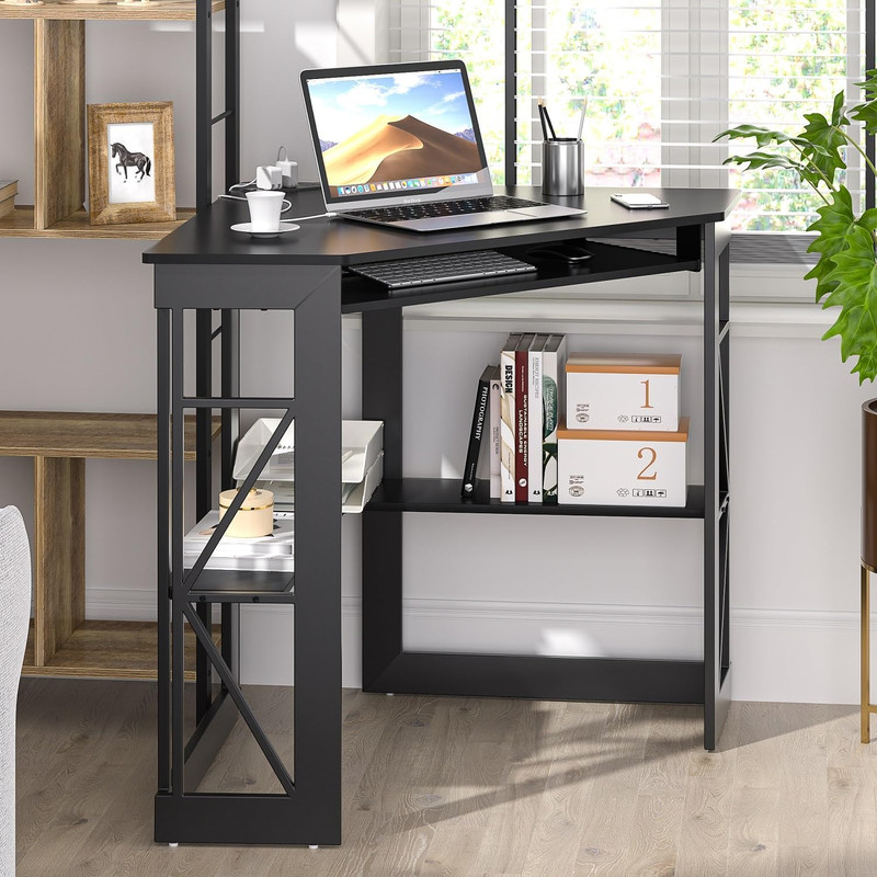 Compact Corner Computer Desk with Charging Station & Storage Shelves, Black gallery