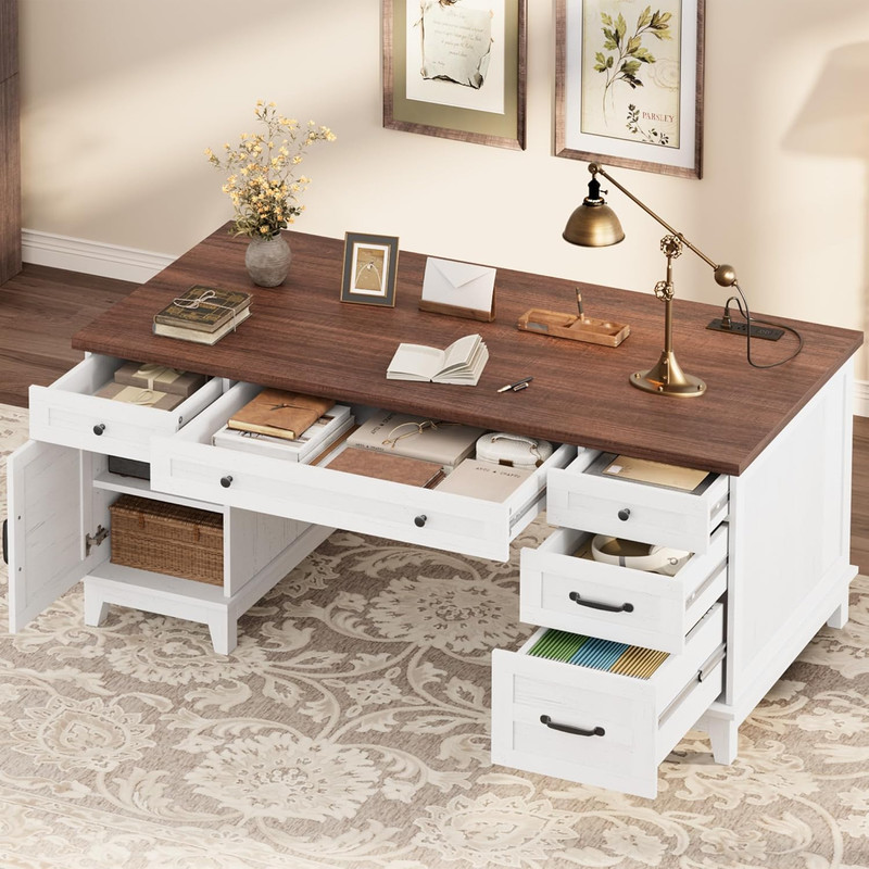 Elegant 60" Farmhouse Executive Desk with Storage & Charging Port, Brownish Whit