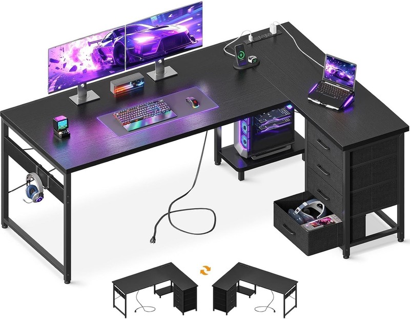 61in L Shaped Gaming Desk 4 Drawer Power Outlets