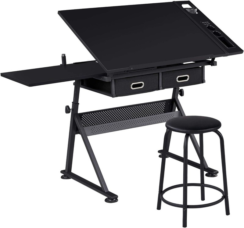 Yaheetech Height Adjustable Drafting Table for Artists w/2 Storage Drawers&Stool