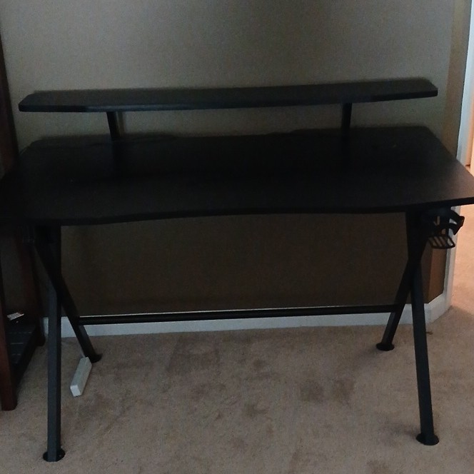 Black Metal Computer Desk w/ Monitor Stand, 1 Shelf, Modern Home Office