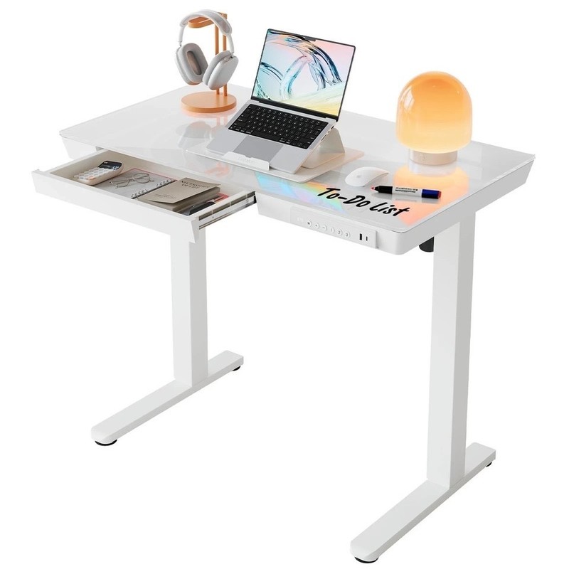 HUANUO Glass Standing Desk with Drawers, 35 x 20 Inch Electric Adjustable Hei…