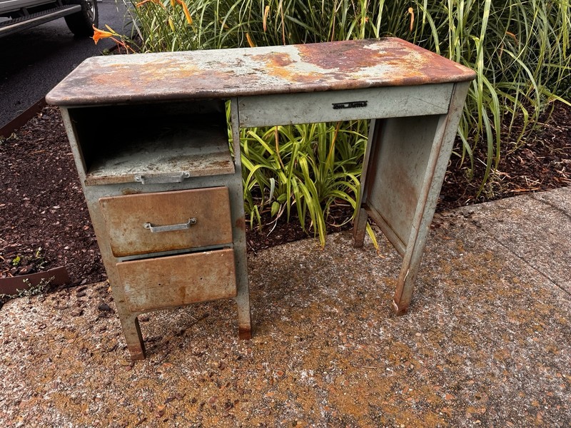 Vintage Metal Computer Desk w/ 2 Drawers, Pull-Out Writing Surface Gray/Brown