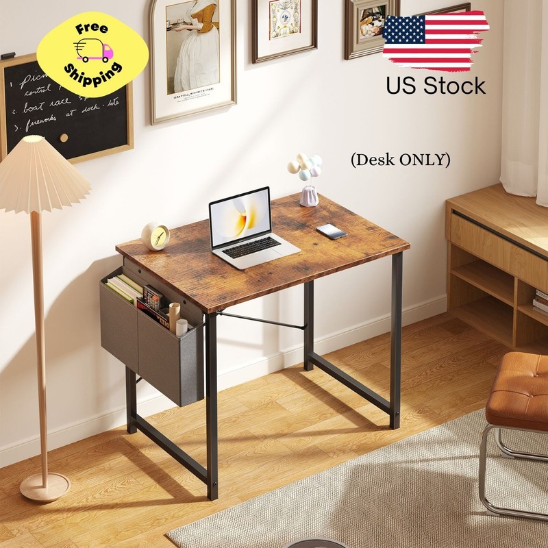31″ Computer Desk with Metal Frame, Waterproof Surface and Storage Bag, Brown