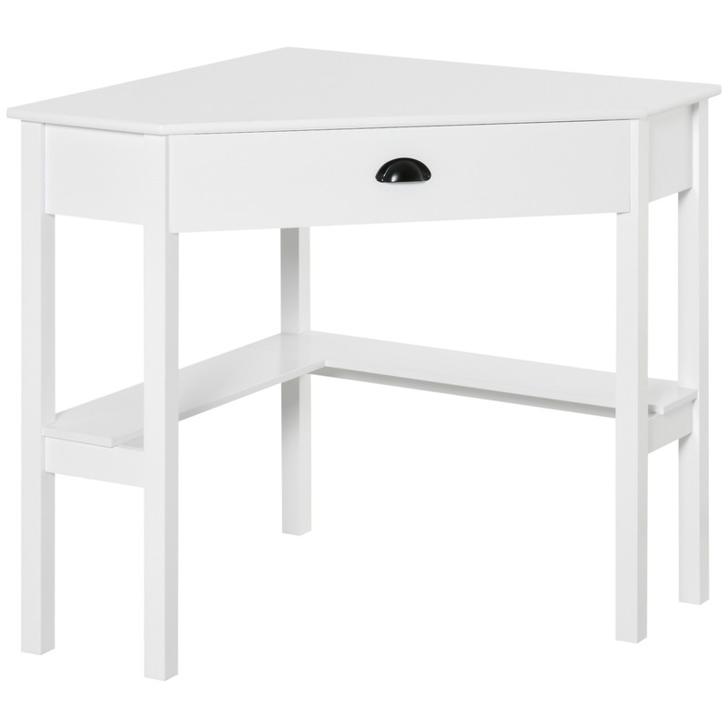 Wooden Corner Computer Desk w/ 2 Storage Shelves & Drawer for Small Rooms, White