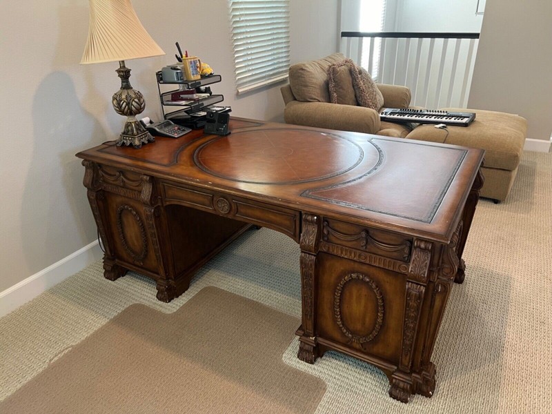 HOOKER FURNITURE Seven Seas Partner Desk- Distressed Dark Cherry w/ Gold Accents