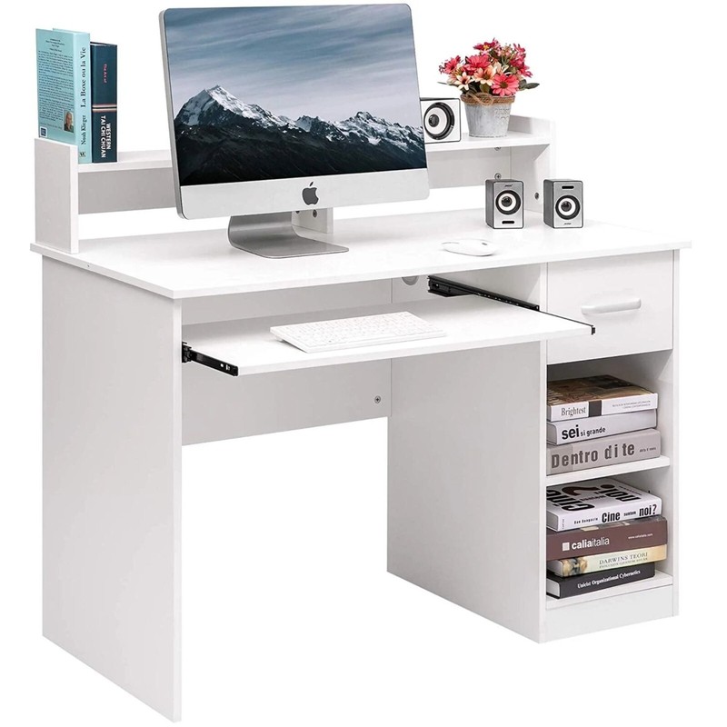 Desk Office Laptop Work Table Home Drawer Keyboard Tray Computer Desk, White