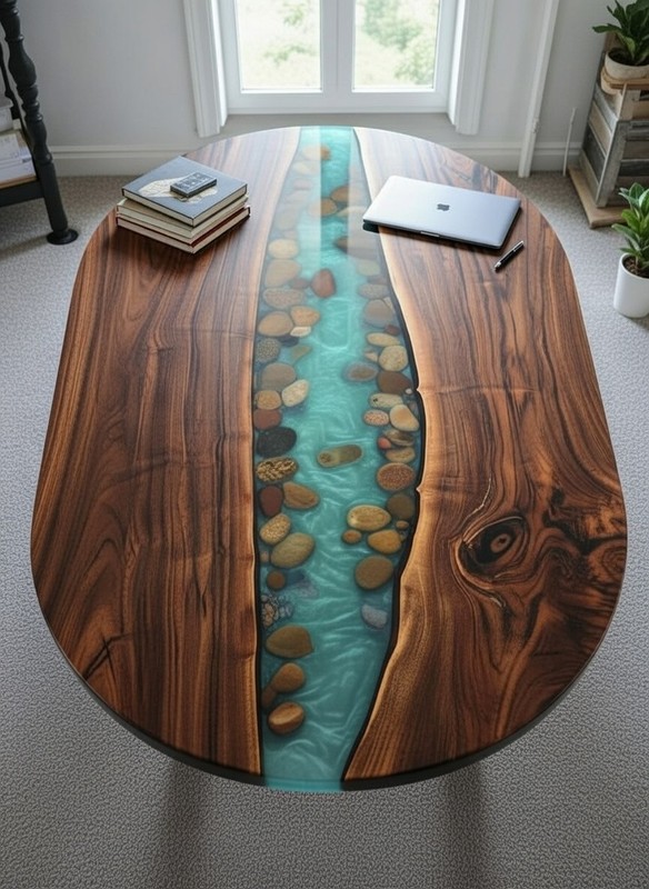 Blue River Pebbles Resin Live Edge Table – Handmade Epoxy Wood Slab Centerpiece