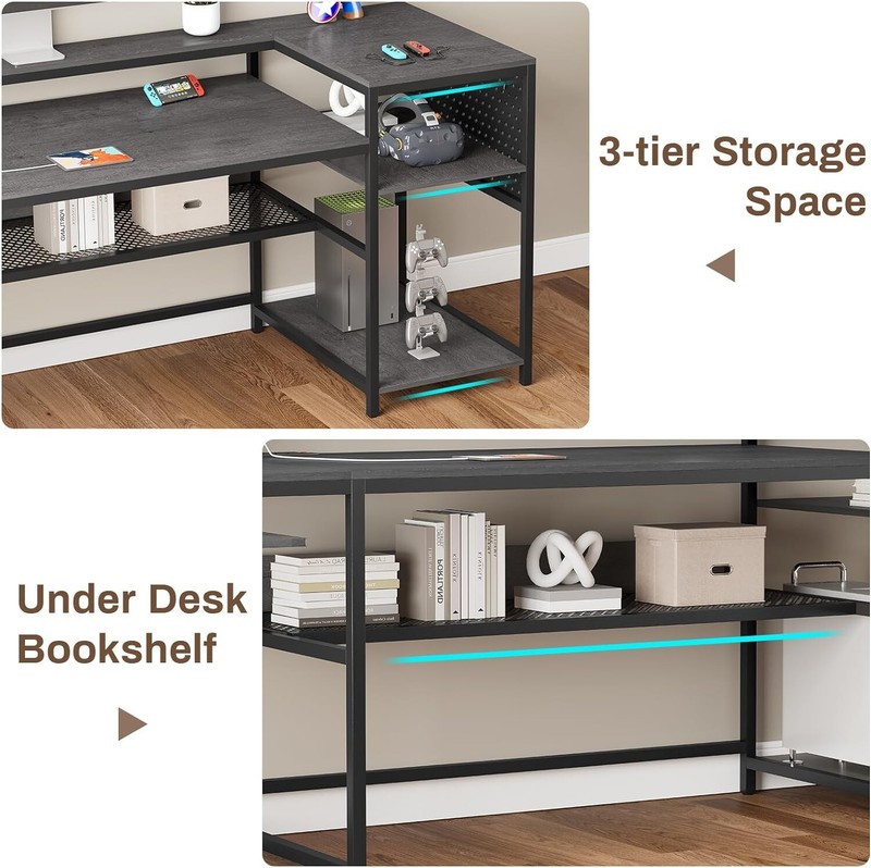 L Shaped Gaming Desk, Convertible Home Office Desk with Power Outlets &LED Strip gallery