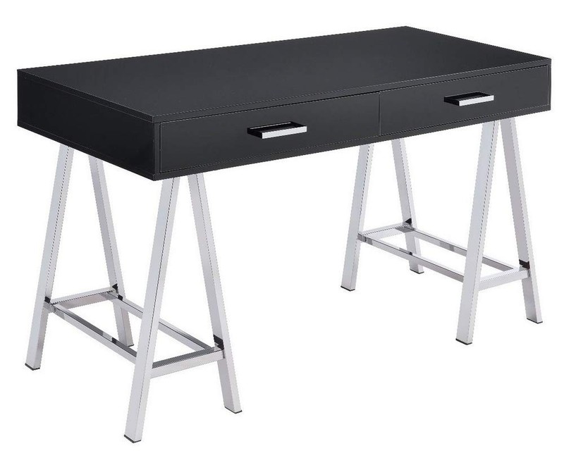 Furniture Coleen Built-in USB Port Writing Desk in Black High Gloss & Chrome …