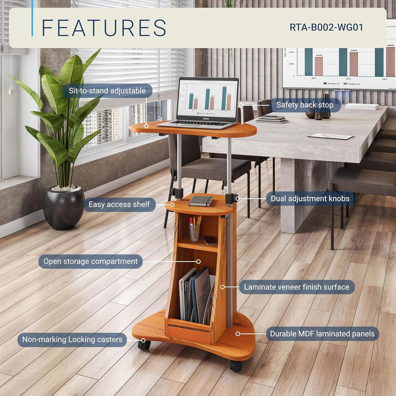 Adjustable Height Laptop Cart with Storage. Color: Woodgrain gallery