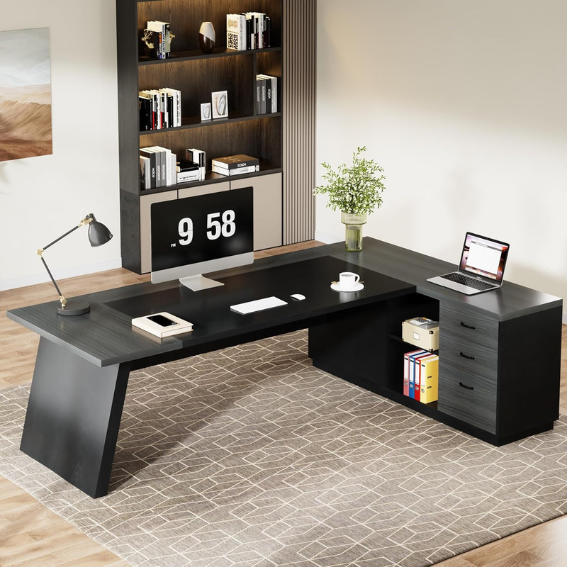 Modern L-Shaped Executive Desk with Storage, Grey & Black Home Office Furniture gallery