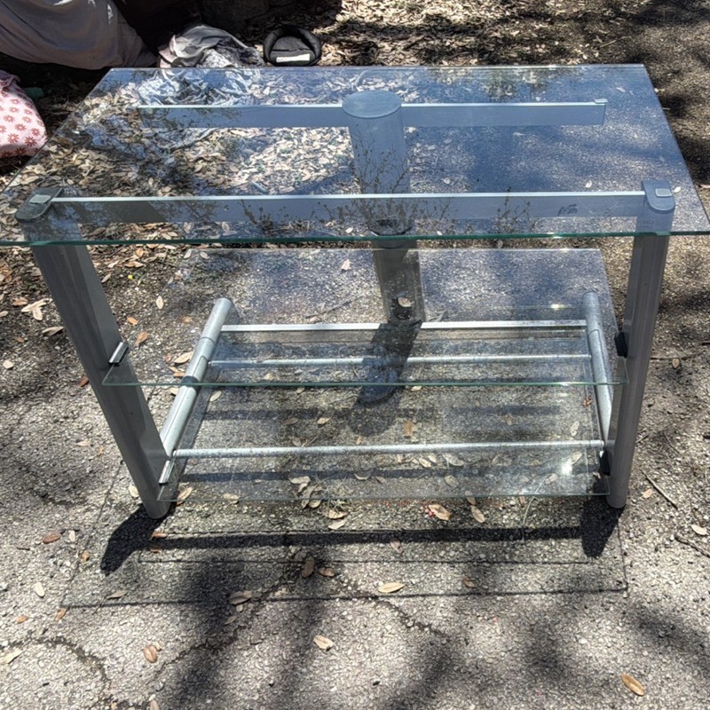 Bali Glass Metal Television Stand with Shelves, 41x22x25 in, Clear Silver, Used