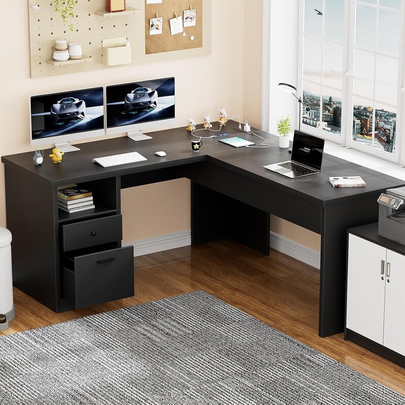 56" L-Shaped Large Office Desk with Lift Top ＆ Drawer ＆ Outlets,Ergonomic Design gallery