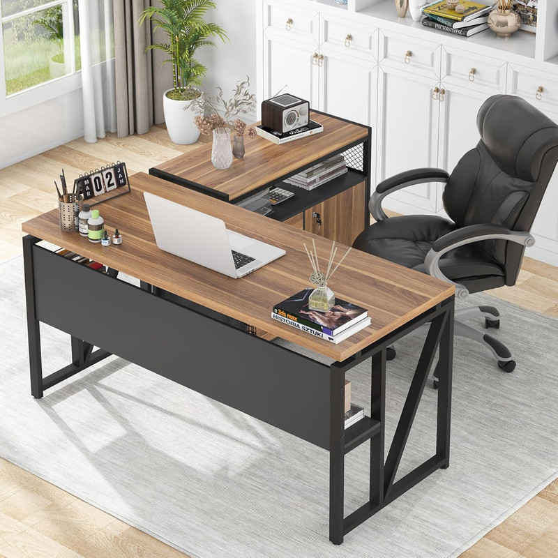 55-Inch L Shaped Executive Desk with Lockable Drawer and File Cabinet
